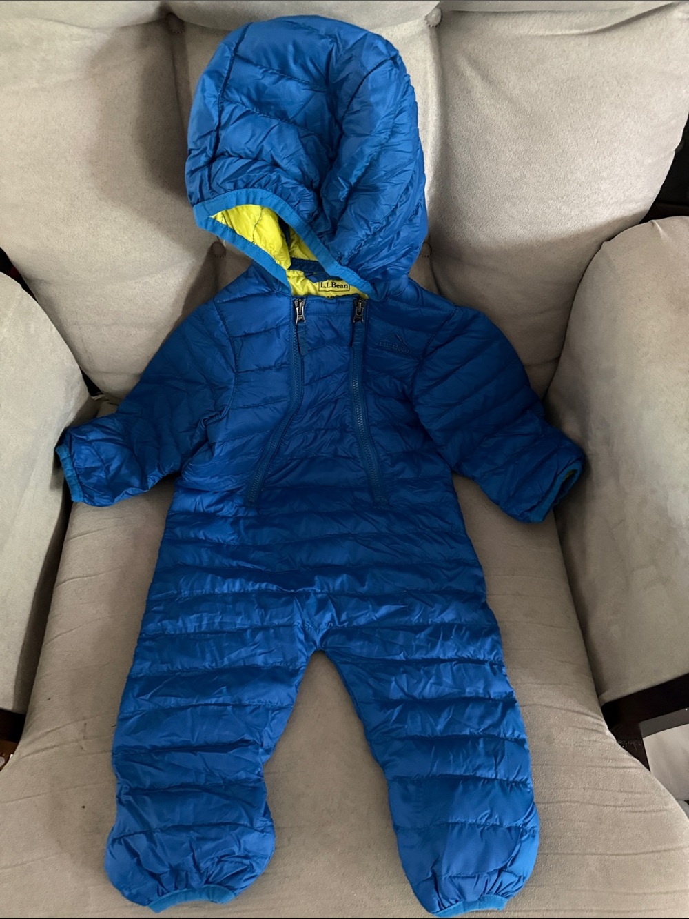 LL Bean Bright Blue Hooded Baby Puffer One-Piece snow suit size 0-3 months